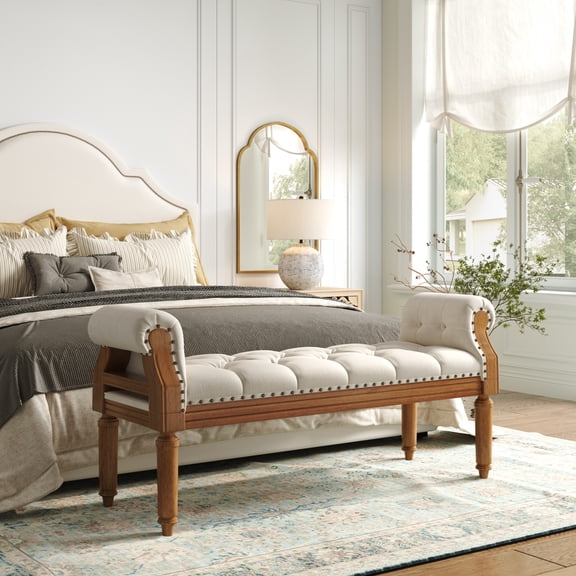 Christopher Knight Home 50" Mid-Century End of Bed Bench, Button-Tufted Ottoman with Rolled Arms, Teak Finish, Beige