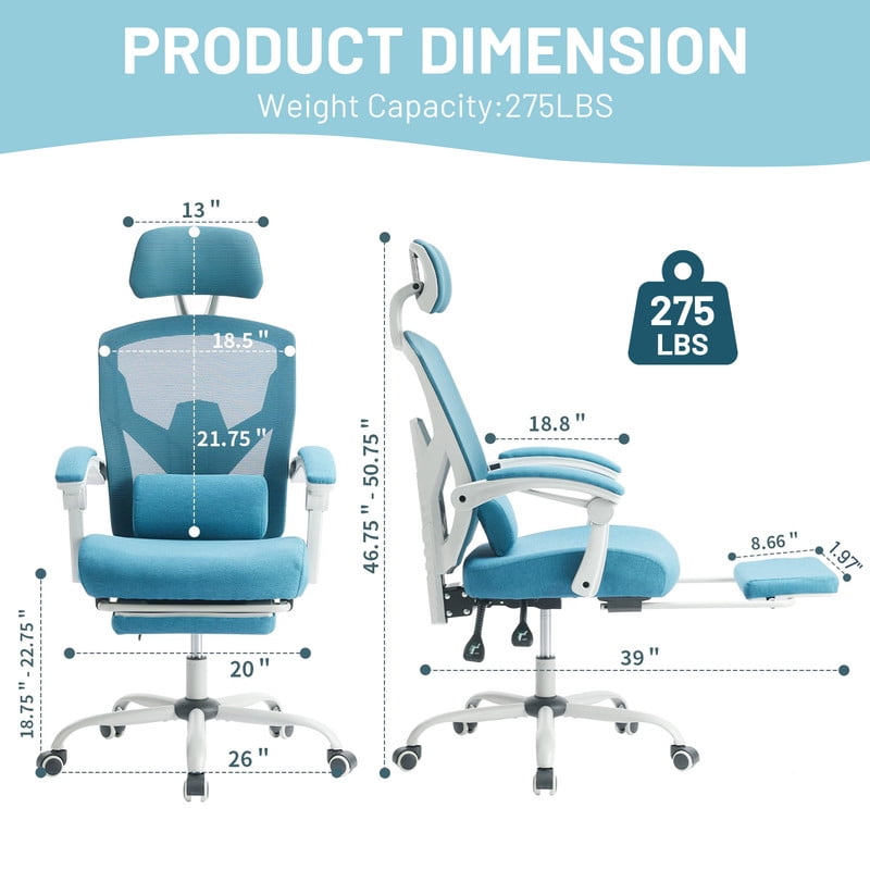 Ergonomic Office Chair with Footrest, Swivel Mesh Chair with Lumbar Support, Headrest and Flip-up Armrests for Home Office, Blue