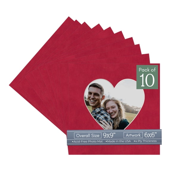 Red Suede Picture Frame Mat for 9x9 Frames - Heart Opening for 6x6 Photos - 10 Mats