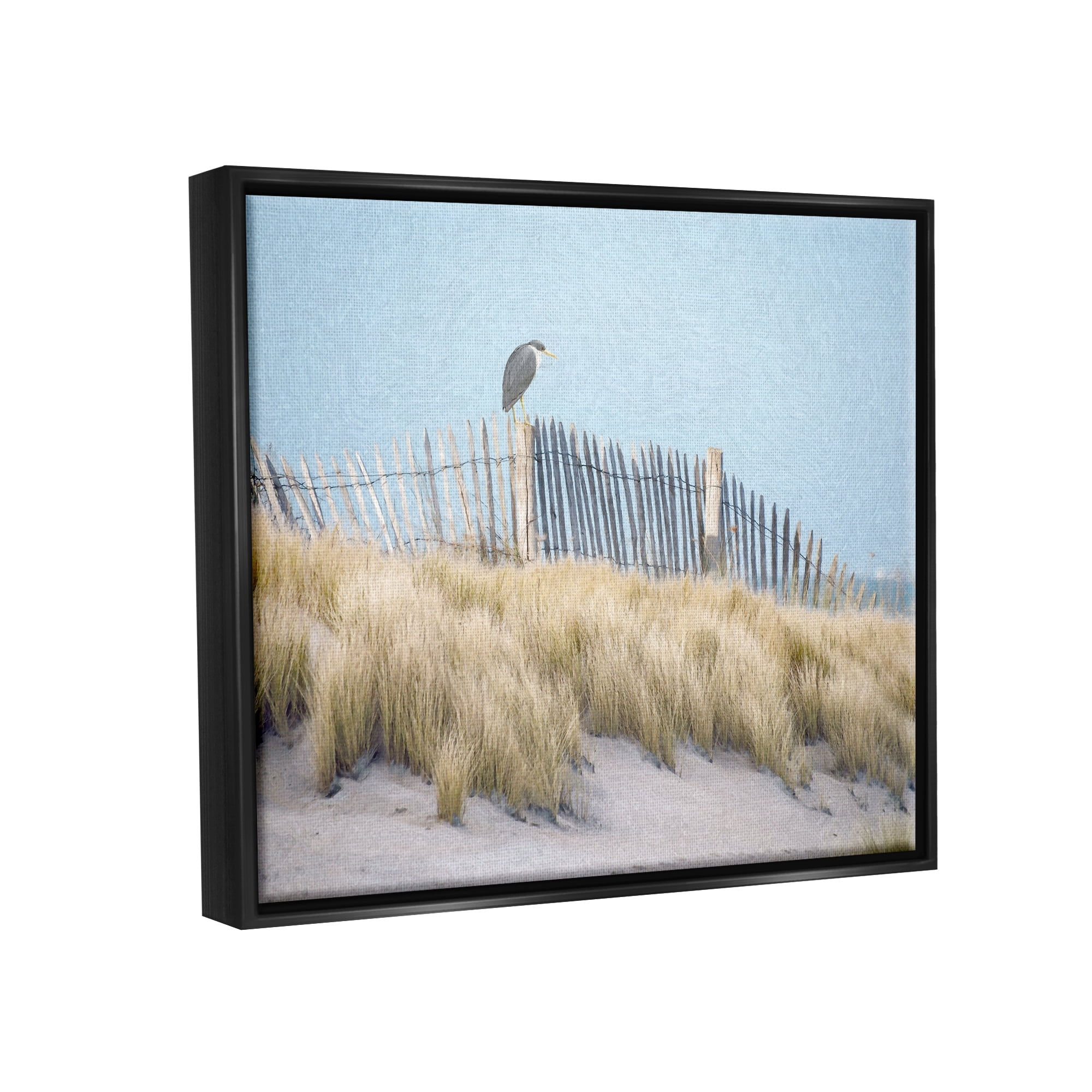 Stupell Bird Perched Nautical Beach Fence Landscape Painting Black Floater Framed Art Print Wall Art