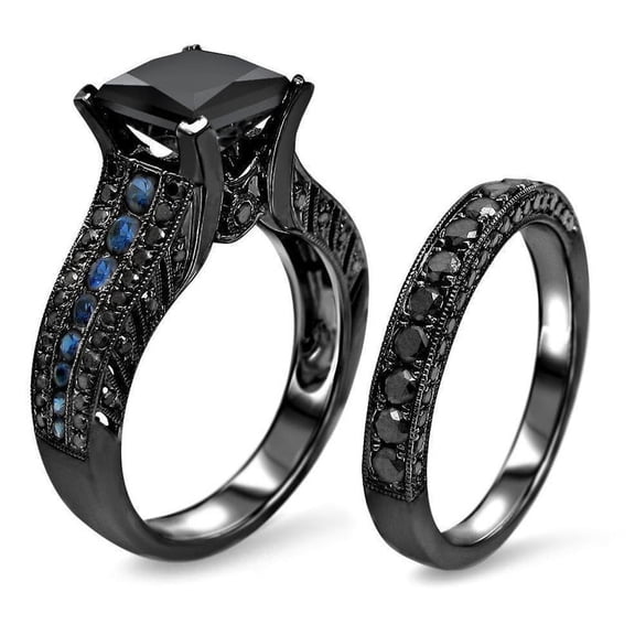 3.34 Ct Lab Created Black Diamond Engagement Bridal Ring Set 925 Silver Wedding Ring Set