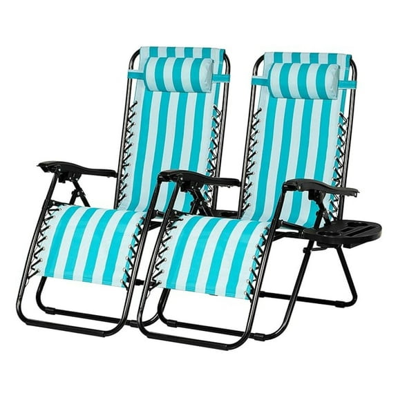 HYYOP Set of 2 Relaxing Recliners Patio Chairs Adjustable Steel Mesh Zero Gravity Lounge Chair Beach Chairs with Pillow and Cup Holder (Light Blue Stripe)