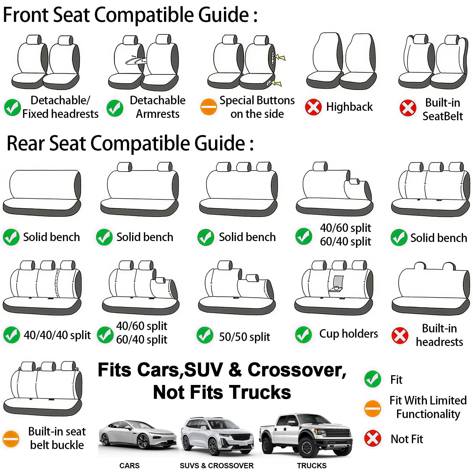 5 Seats Car Seat Cover, Sponge + PVC Leather Universal Seat Cover,Split Bench Compatible,Universal Fit for Auto Trucks Van SUV,Gray