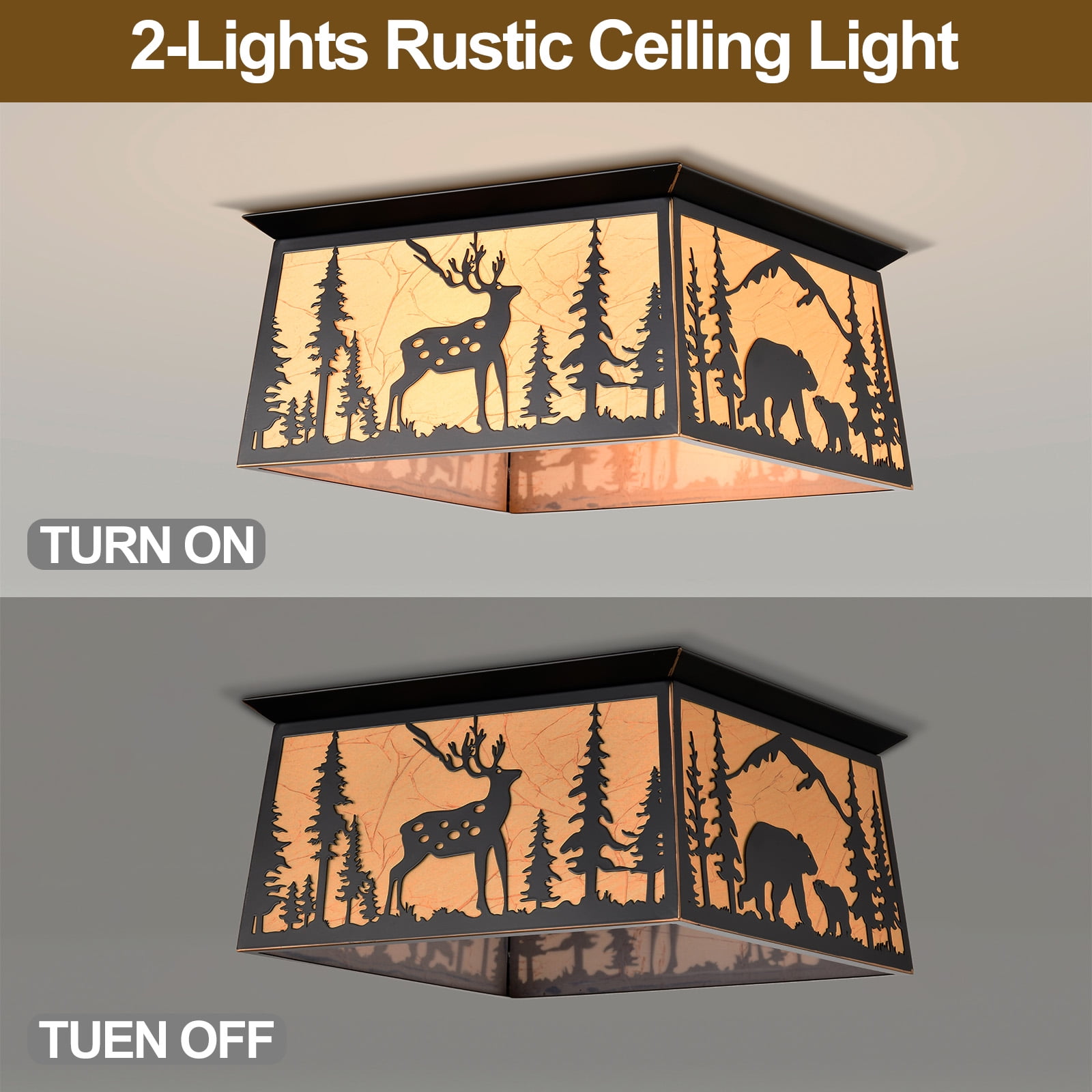 Sunnyin Farmhouse Ceiling Light Deer Bear Rustic 2-Light Black Fixture