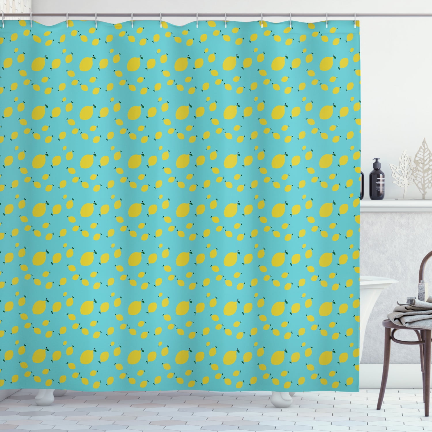 Lemons Shower Curtain, Minimalistic Design of Multisize Tiny Lemon
