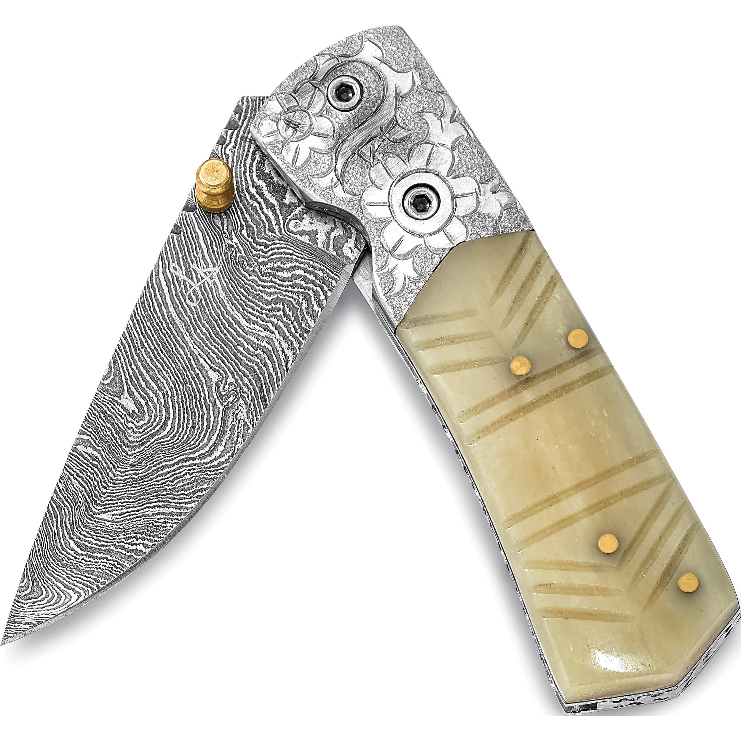 Fashion Damascus Steel 256 Layer Folding Carved Camel Bone Handle Knife (6.3 X 1) Made In Pakistan kn3218