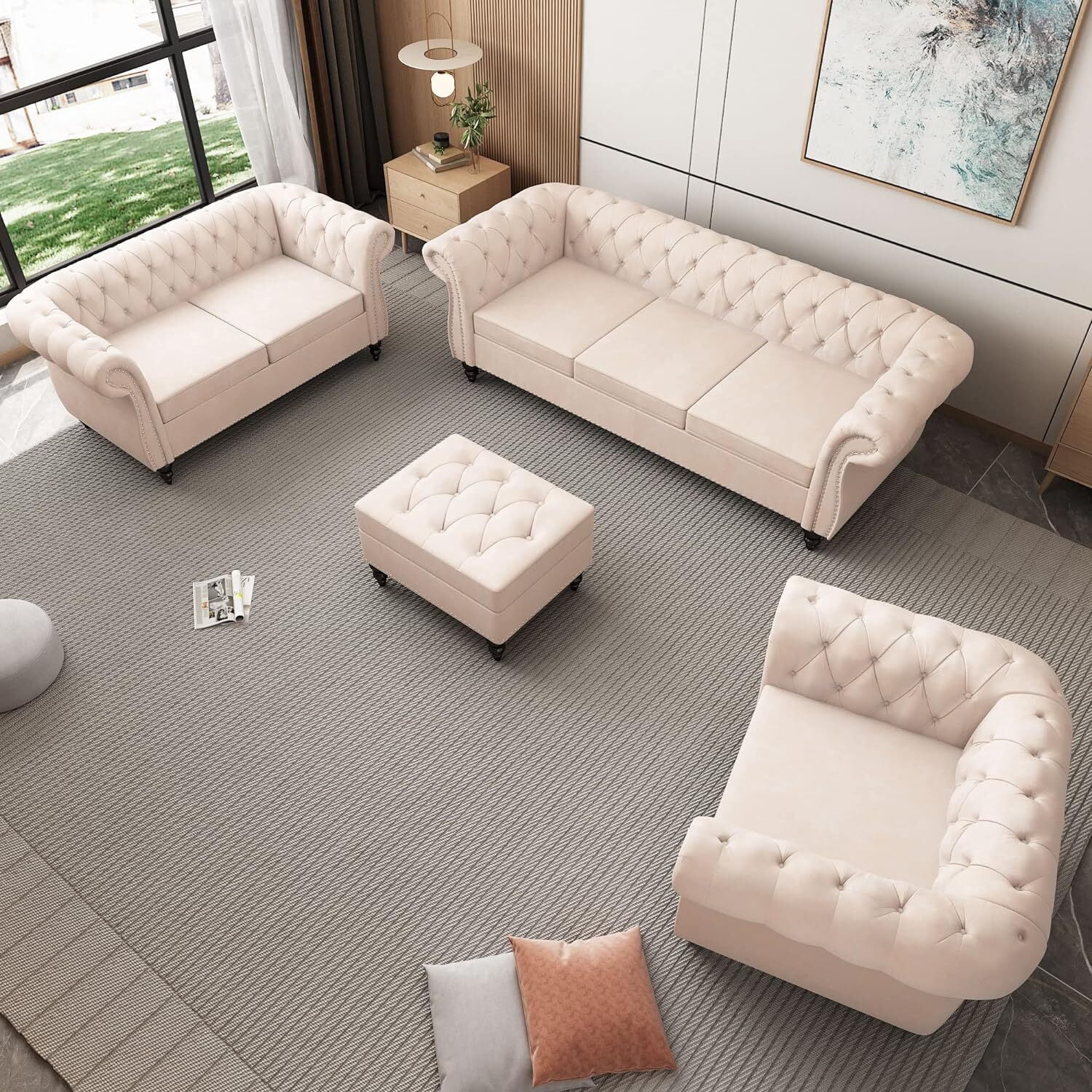Giratree Living Room Furniture Sets, 3 Piece Sofa Sets for Living Room, 1+2+3 Seat Beige