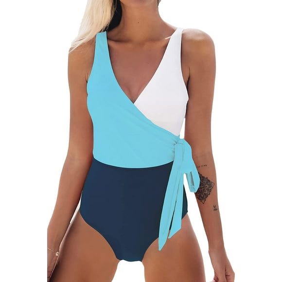 Women's One Piece Swimsuit Wrap Color Block Tie Side Bathing Suit, White Navy S