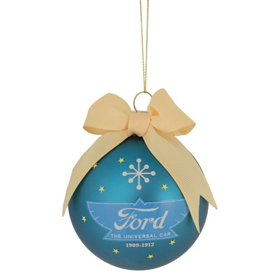 2.75" Matte Blue "Ford The Universal Car" With a Beige Ribbon Glass Christmas Ball Ornament