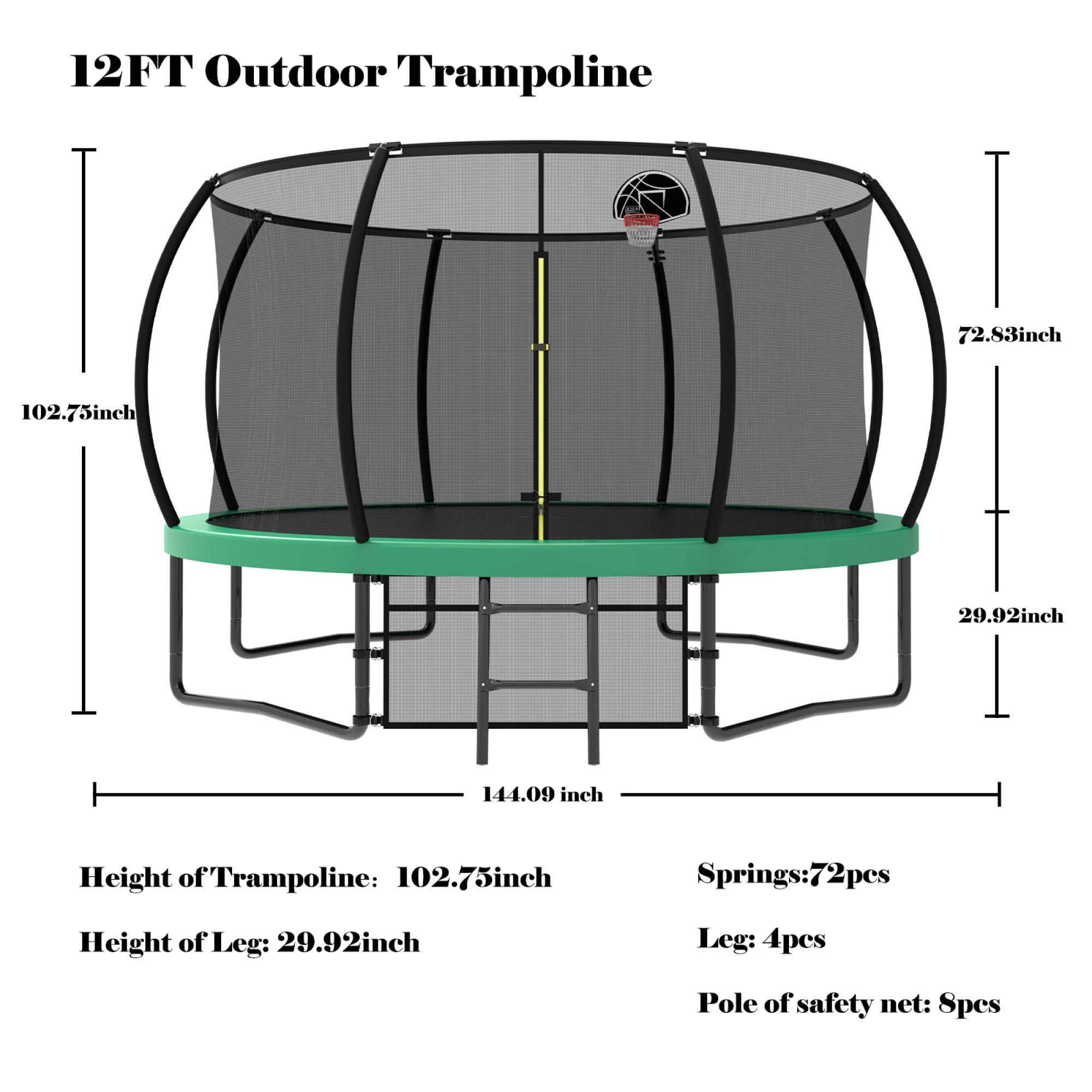 12FT Trampoline for Kids,Outdoor Recreational Trampolines with Safety Enclosure Net & Ladder,Green