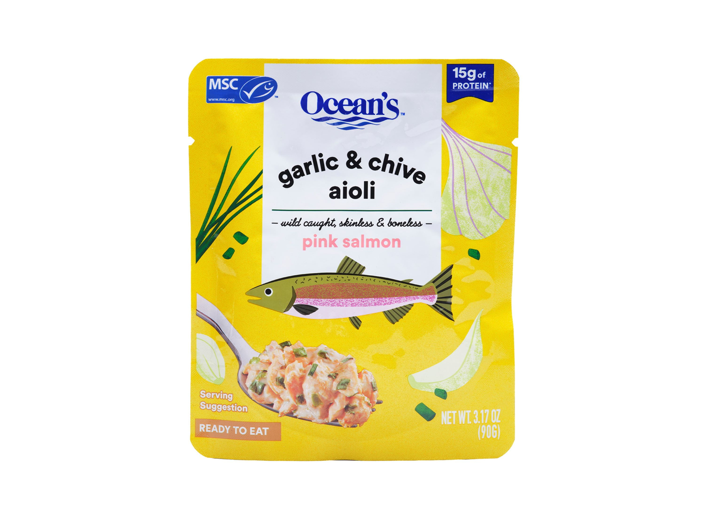 (3 pack) Ocean's Wild Alaskan Pink Salmon, Garlic & Chive Aioli, 15g Protein, Shelf-Stable, 3.17 oz Pouch