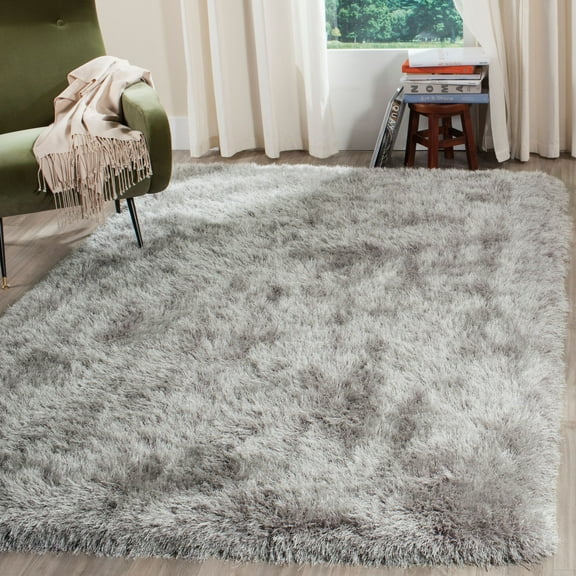SAFAVIEH Venice Solid Shag Area Rug, Silver, 4' x 4' Square