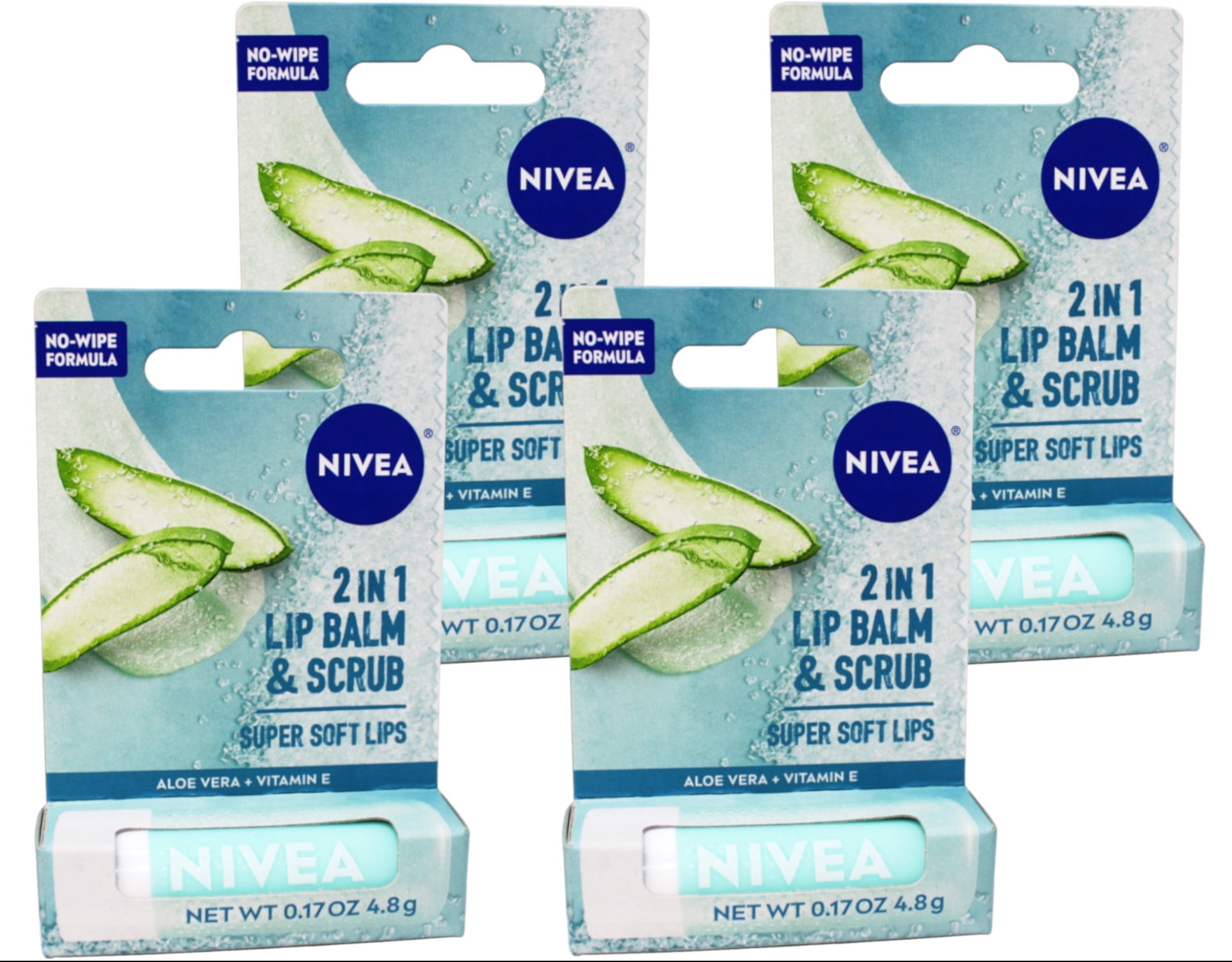 4 Pack - Nivea 2in1 Lip Balm & Scrub Super Soft Lips, Aloe Vera + Vitamin E, 0.17 oz (4.8 g)