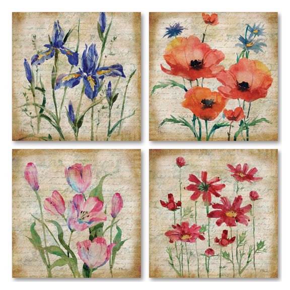 Country Rustic Brown and Red Poppy Iris Tulip Floral Adult Decor; 4- 8" x 8" Unframed Prints