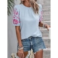 thumbnail image 4 of Dycnvjo Women Floral Embroidered Textured Tops Crewneck Puff Short Sleeve Casual Loose Solid Embroidery Blouses Shirts Blue M, 4 of 8