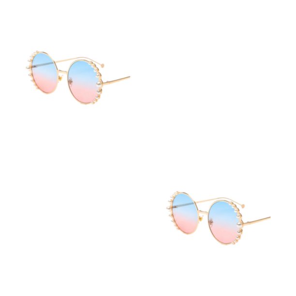 Jumpingount Gafas de sol redondas con estilo Protección Accesorio de moda Gafas de sol con perlas Marco de PC Marco dorado clásico Azul Rosa Marco Dorado Azul Rosa 2Conjunto