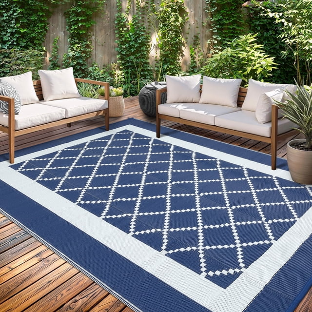 Outdoor Rug – Modern 9x12ft – Waterproof, Reversible, Non-Slip & UV Resistant – Easy Clean, Geometric Grid – for RV, Deck, Camping, Balcony & Backyard