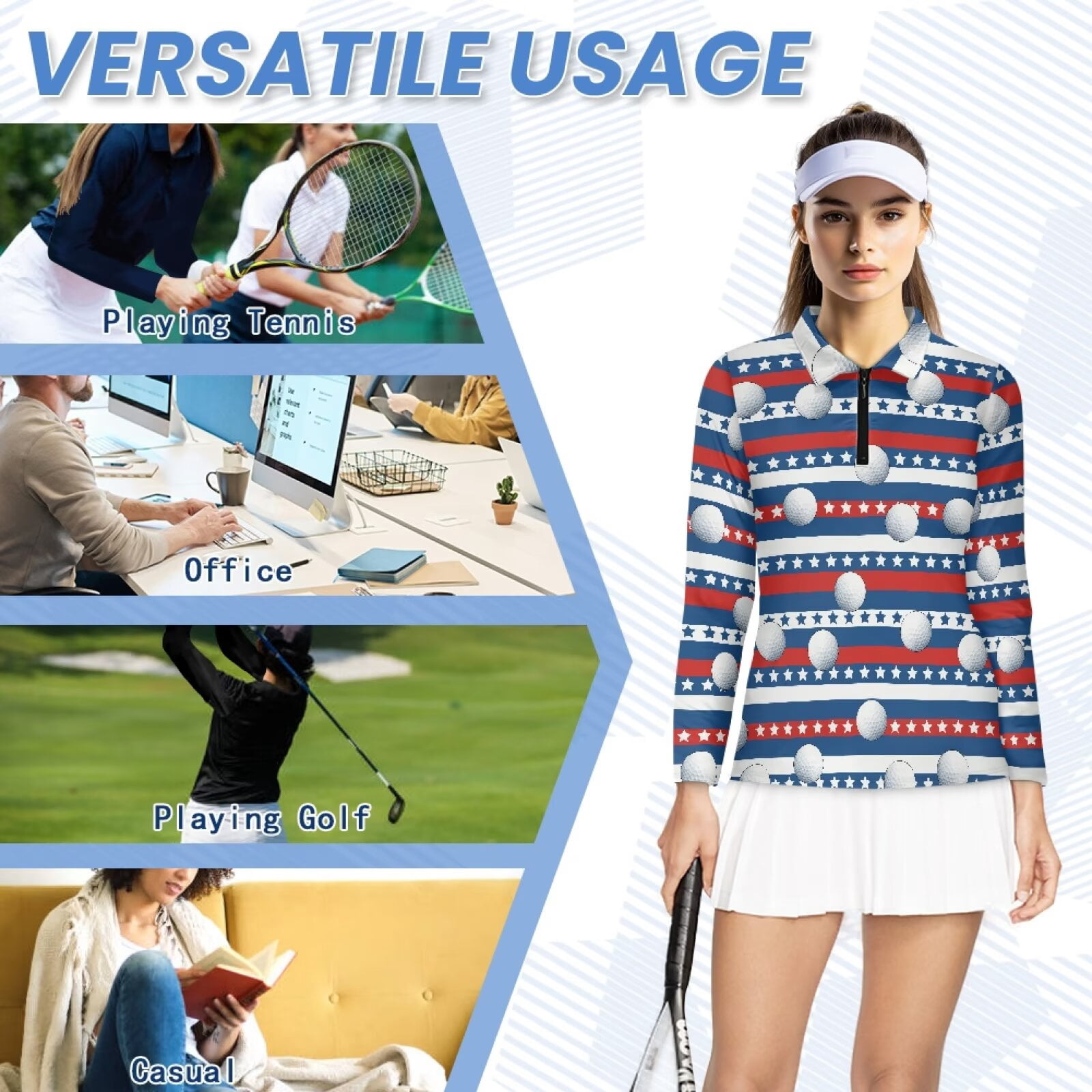 Garronmavis Women's Long Sleeve Golf Shirt Collared Tennis Shirts Casual Shirts Athletic Casual Work Shirt Tops, Patriotic Golf Ball, Size M