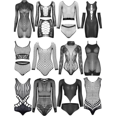 Waqn 12 Pieces Women s Fishnet Lingerie Mesh Babydoll Bodysuit Lace Smock Lingerie for Women (Black Simple Style) A417