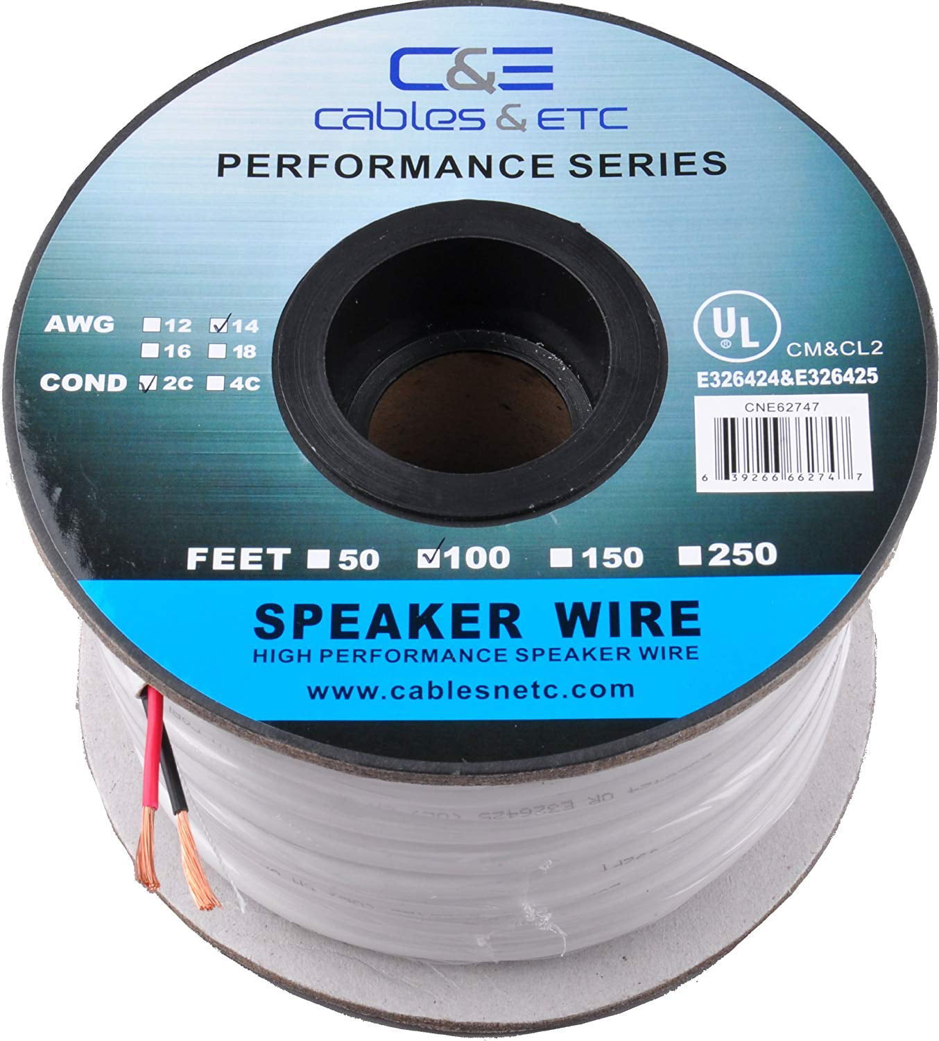 100 Feet / 30 Meter 100ft 30m Great Use for Home Theater Speakers and Car Speakers Pro Series 14 Gauge AWG 99.9% Oxygen Free Copper Speaker Wire Cable with Clear PVC Jacket & Polarity Stripe 