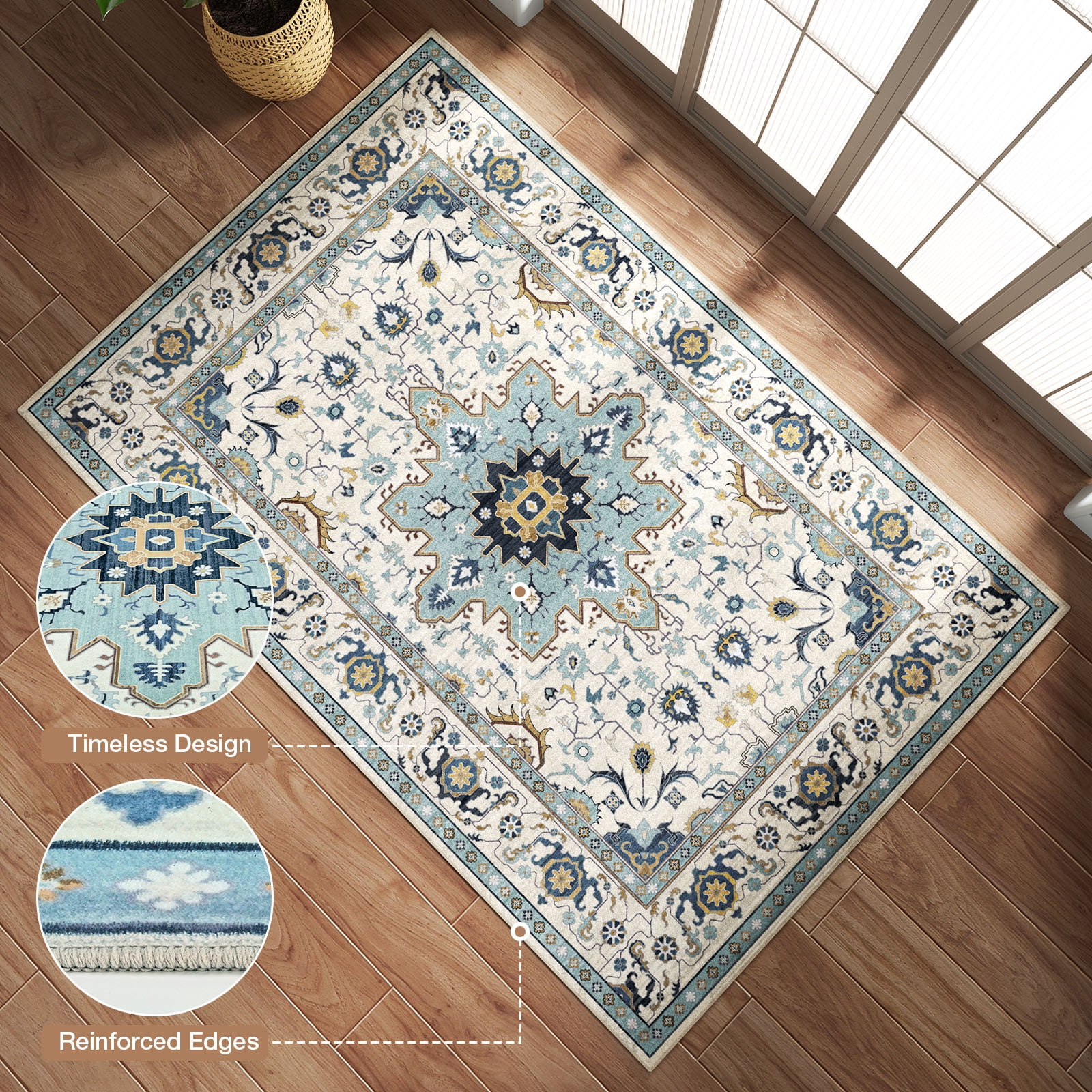 Washable Area Rug for Living Room, NovDeco 5'x7' Non-Slip Vintage Persian Light Blue Indoor Rug, Low Pile Stain Resistant Carpet for Bedroom Nursery