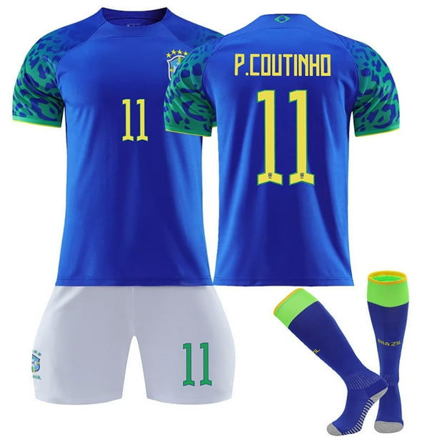 Surgei 2223 Brasil Camisetas de fútbol, Brasil Estadio de casa Número #11 P.Coutinho Impreso Manga Corta Tops Calcetines Camisetas de fútbol de 3 piezas, Camisetas de fútbol de Brasil para Niño, 20