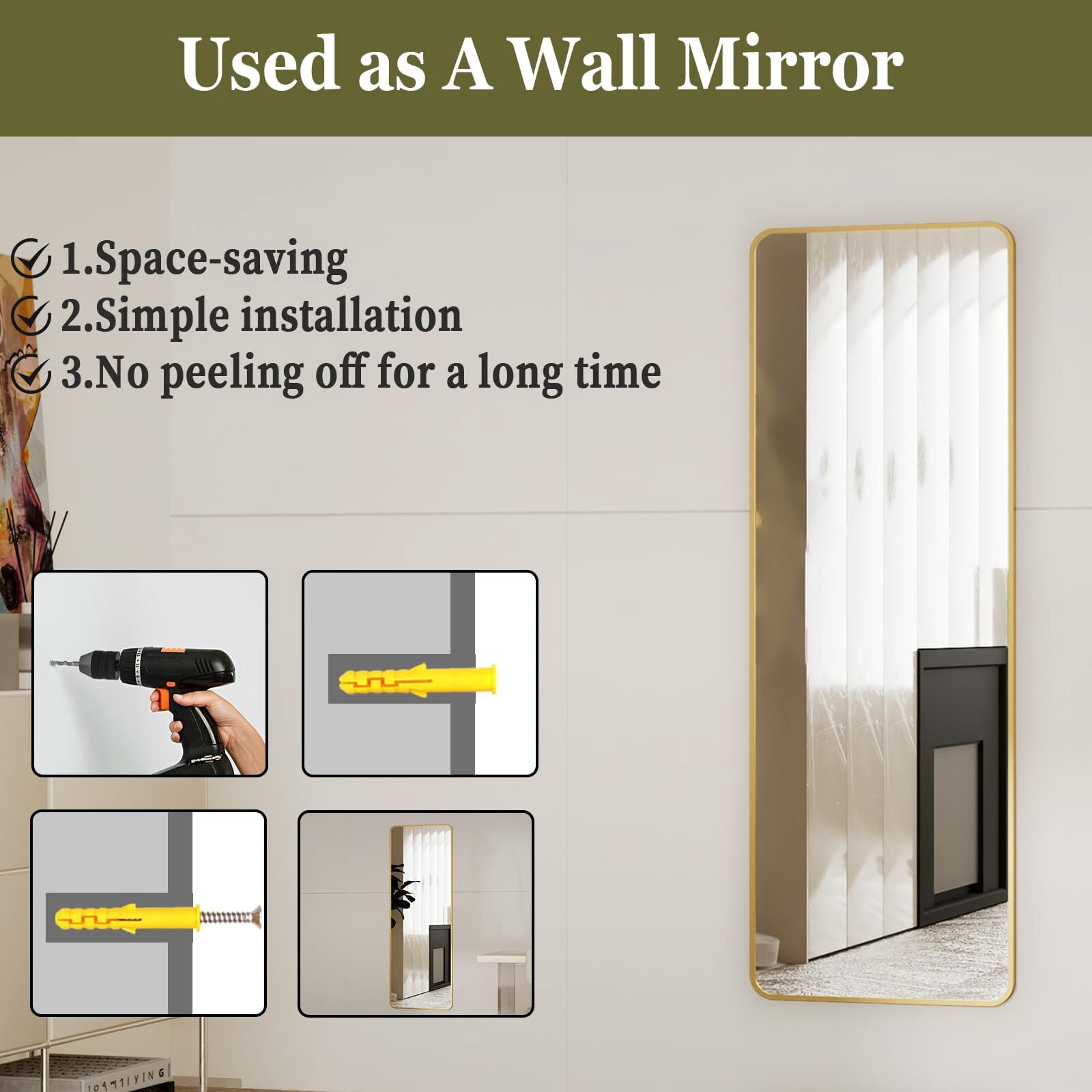 AnyRose Full Length Mirror 14" x 48" Over The Door Mirror, Aluminum Alloy Large Hanging Mirrors, Wall Mounted Body,Gold