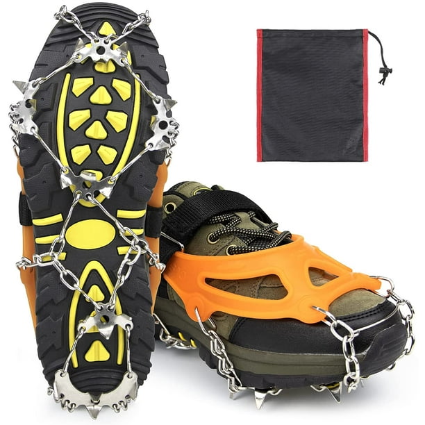 Crampons for Hiking Boots，Traction Cleats Ice Snow Grips with 19 Stainless  Steel Spikes for Hiking Fishing Walking Climbing Mountaineering, Black