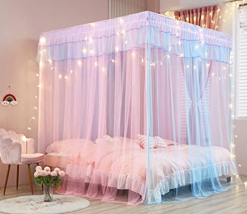 Rainbow Canopy Bed Curtains with Lights - Princess Bed Canopy for Girls - Bed Drapes Netting- Bedroom Decoration Accessories,Queen