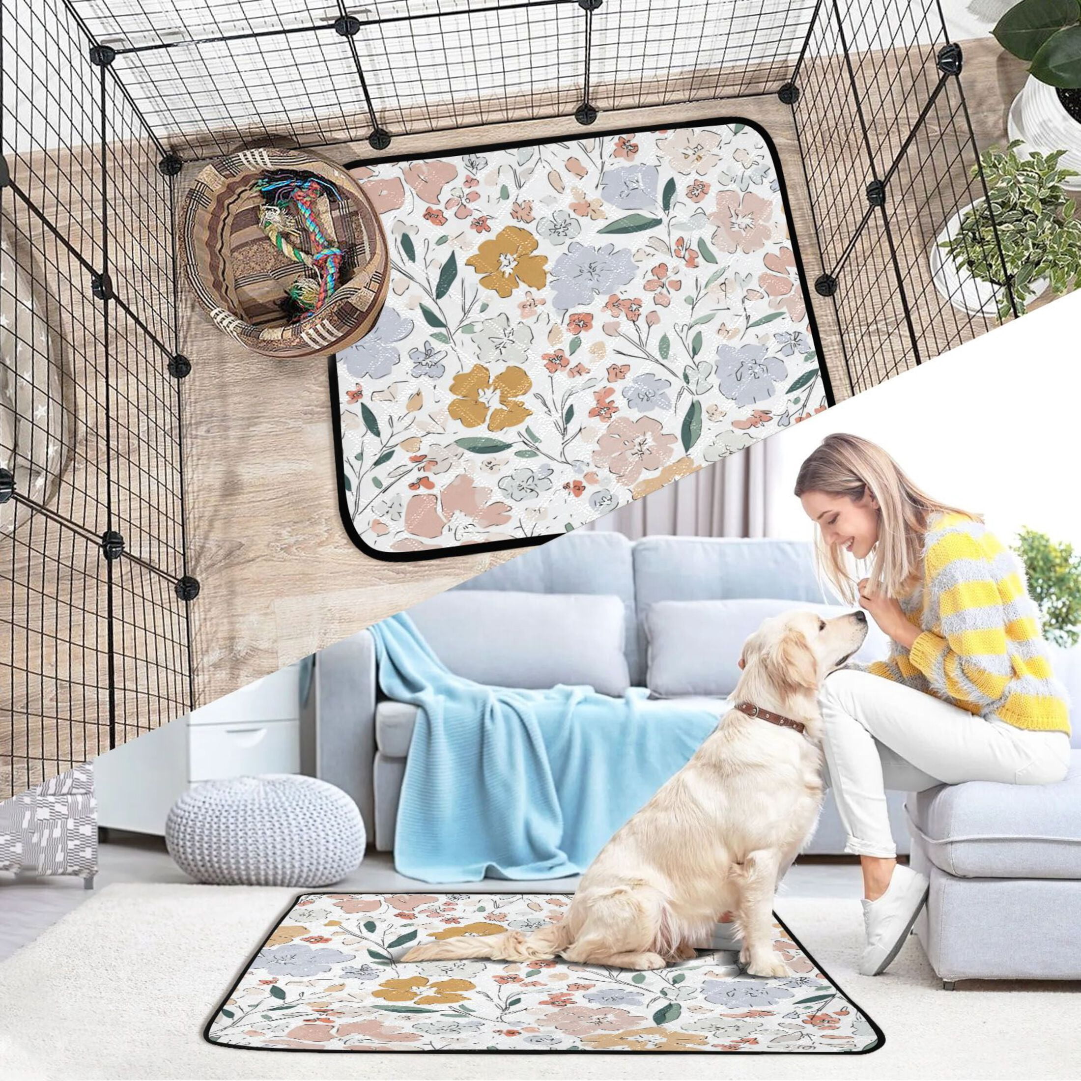 IAUYY Washable Pee Pads for Dogs Smallx3 Absorbent and Leak-Proof Non-Slip Reusable Puppy Pee Pads for Dogs Applicable to Playpen Potty Crate Scattered Floral Atmosphere