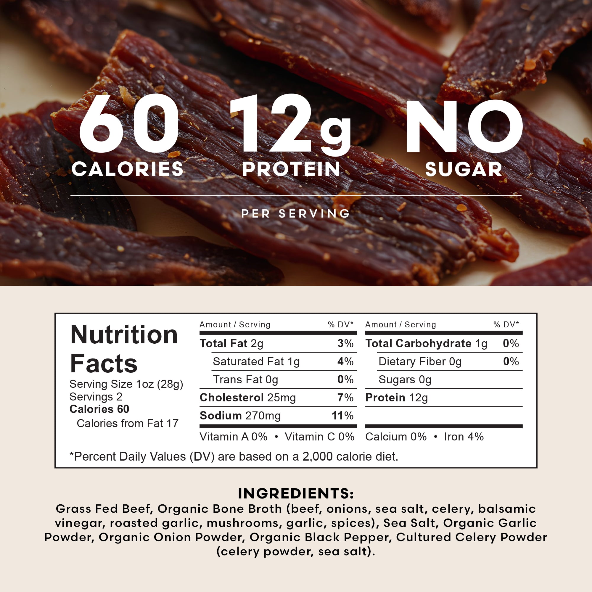 Tough To Chew: Organic Bone Broth Beef Jerky – Grass-Fed, Zero Sugar, Low Calorie, High Protein, Extra-Firm Texture – 2 oz (Pack of 4)