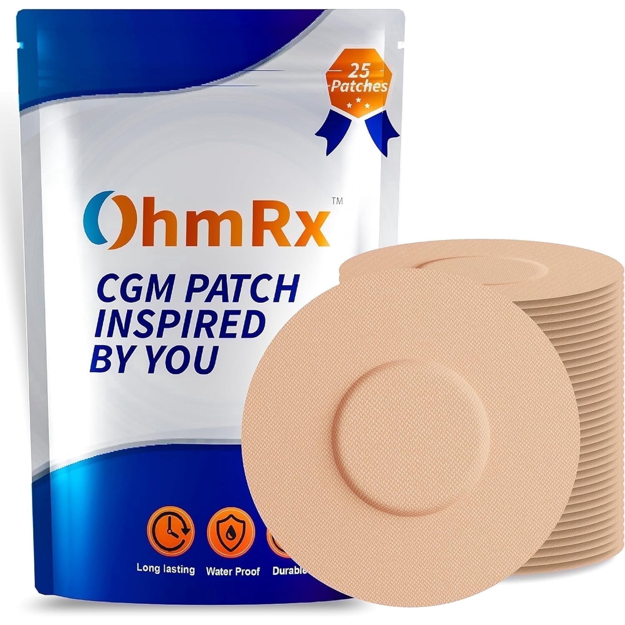 OhmRx Libre 3 & Libre 3 Plus Sensor Covers – Waterproof CGM Overpatch, Hypoallergenic, No‑Cut Pre‑Cut Design, 25‑Pack (Tan)