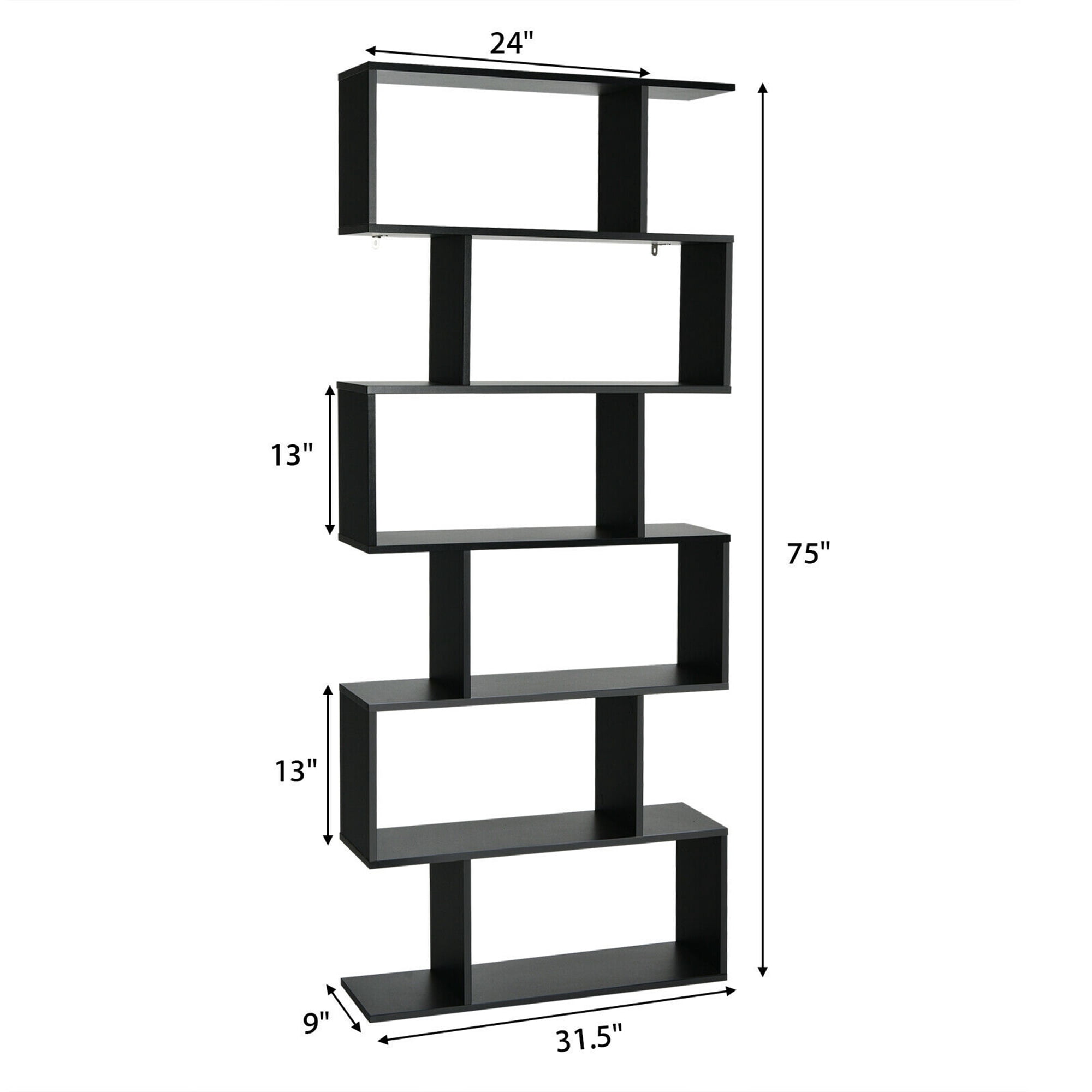 Gymax S-Shaped 6 Tier Bookcase, Black