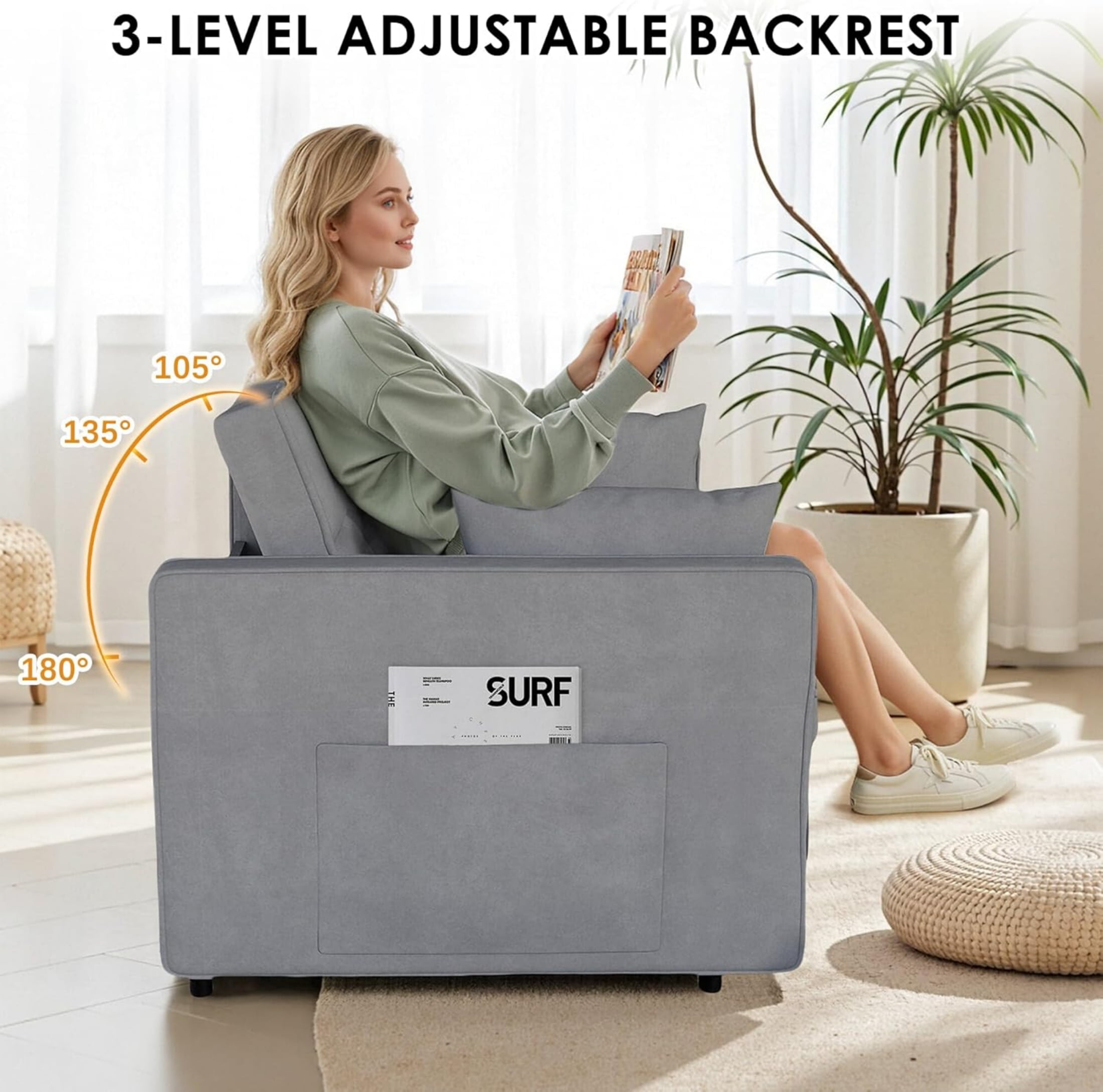 Vinform 54" 3 in 1 Convertible Sleeper Sofa Bed, Pull Out Loveseat Couch with Storage Pocket, Light Gray