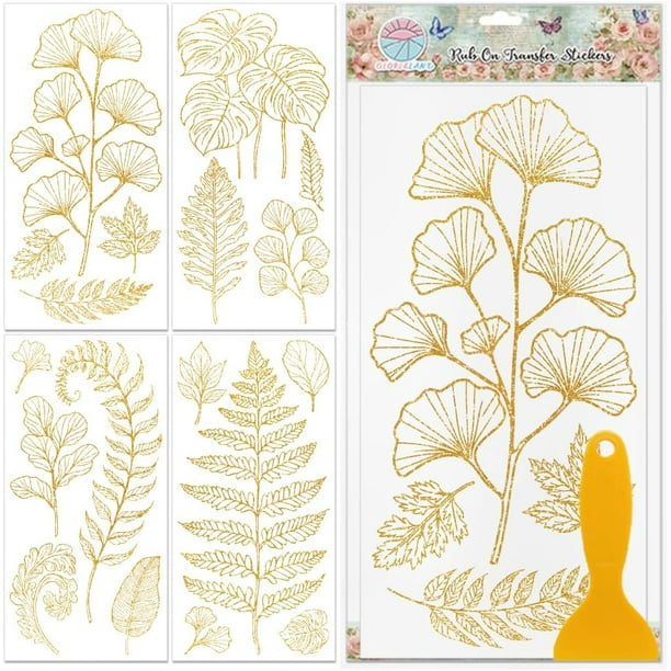 4 láminas de calcomanías para muebles con diseño de hojas de helecho, 15 x 30 cm (6 x 12 pulgadas), con efecto dorado. Adhesivo UV autoadhesivo para decoración de paredes y manualidades.