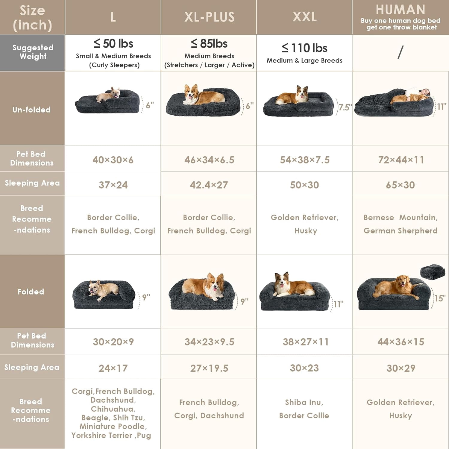 Foldable XXL Dog Bed for Large Sized Dog, 54"x38"x7.5" Faux Fur Fluffy Pet Couch Bed, Orthopedic Calming Memory Foam Big Pet Bed, Washable Pet Sofa Bed with Non-Slip Bottom, Dark Grey