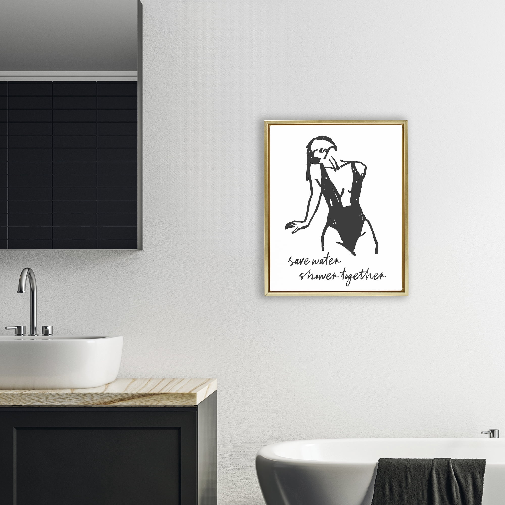Stupell Industries Save Water Shower Together Gold Framed Floater Canvas Wall Art, design by Lettered and Lined