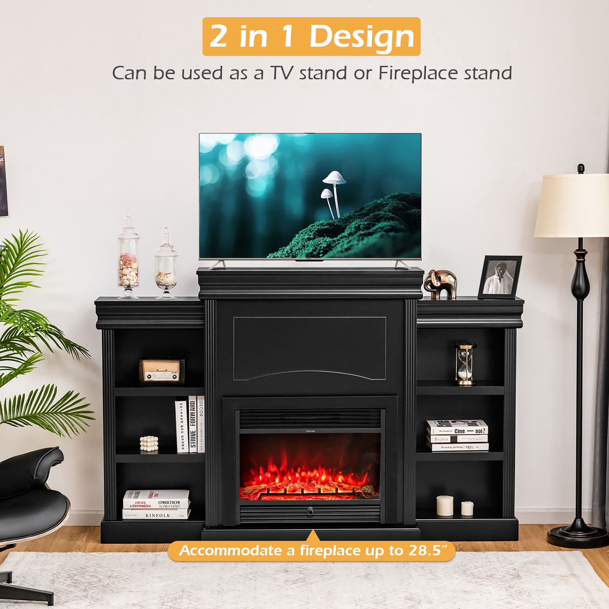 Costway 70'' Fireplace TV Stand Modern Media Entertainment Center Bookcase Black