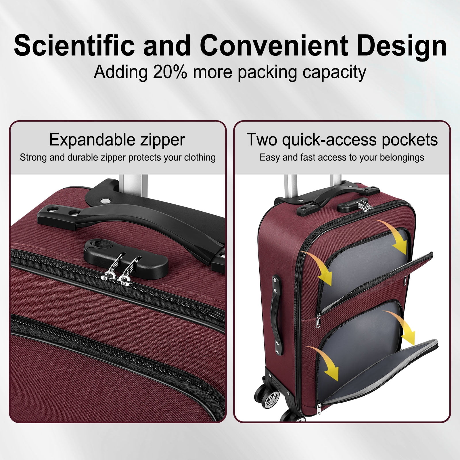 Soft-sided Fabric Luggage Roller Luggage Lightweight 20" Red