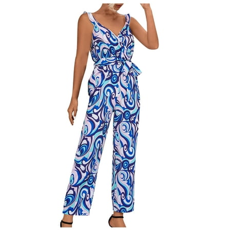 

Women s Sexy Wrap V Neck Boho Print Spaghetti Strap Long Pants Jumpsuits Sleeveless Belted Beach Rompers for Summer
