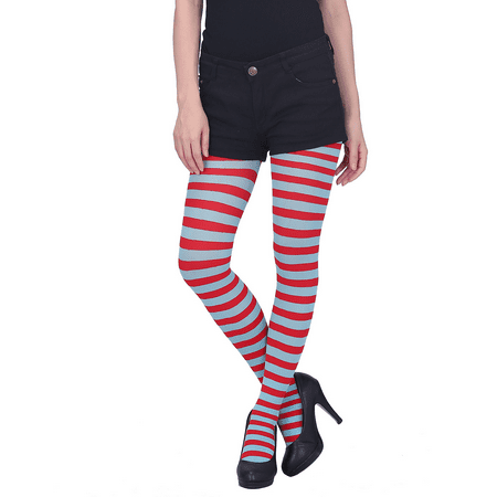 Cotton Nylon Stockings - HDE Women's Striped Tights Full Length Sheer Microfiber Nylon Footed Stockings (Red and Sky Blue)