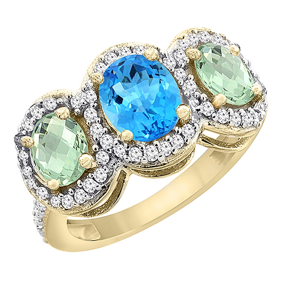 10K Yellow Gold Natural Swiss Blue Topaz & Green Amethyst 3-Stone Ring Oval Diamond Accent, size 5.5 by Gabriella Gold