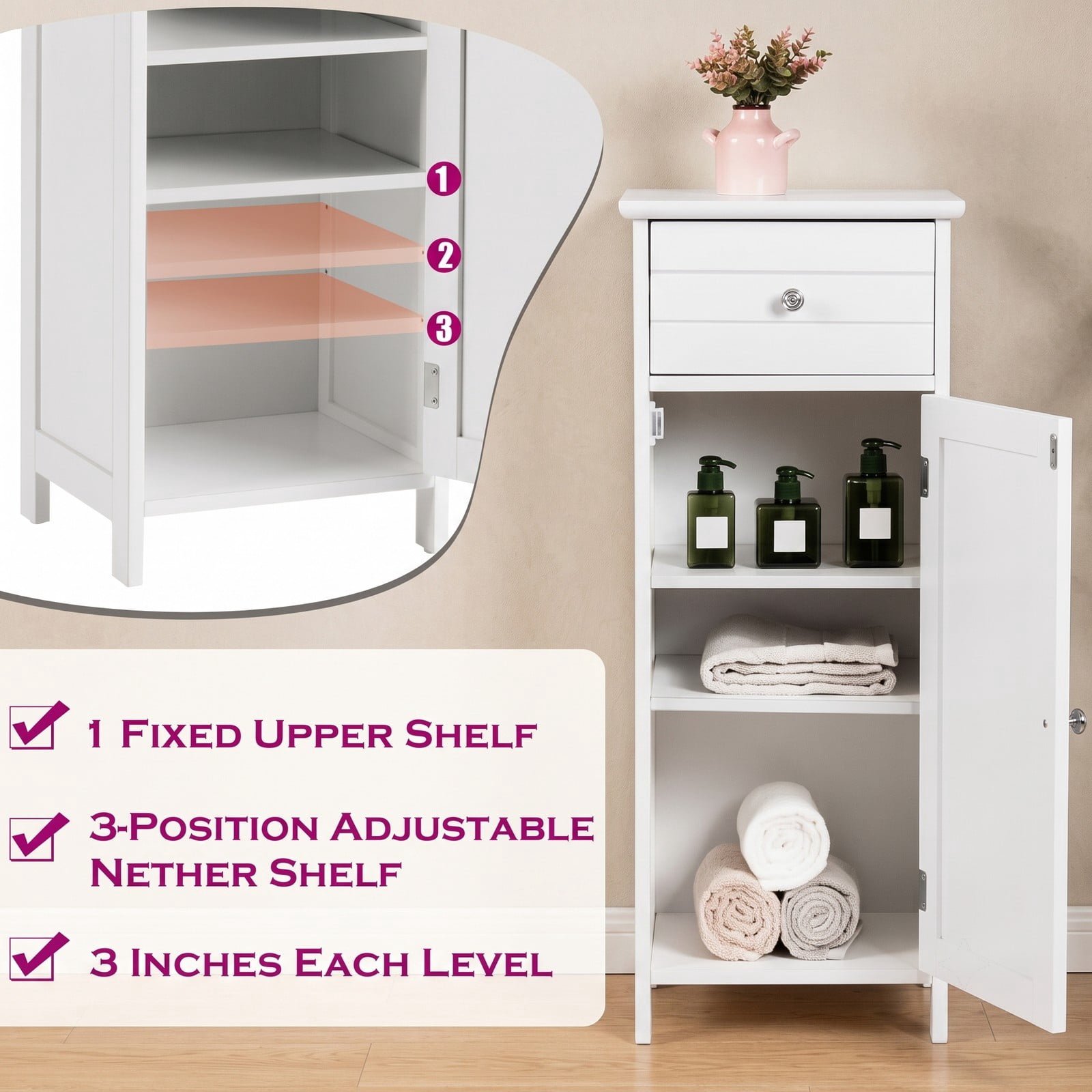 ALPULON Wooden Bathroom Floor Storage Cabinet with Drawer and Adjustable Shelf, Freestanding MDF Side Organizer for Bathroom Entryway Living Room, White