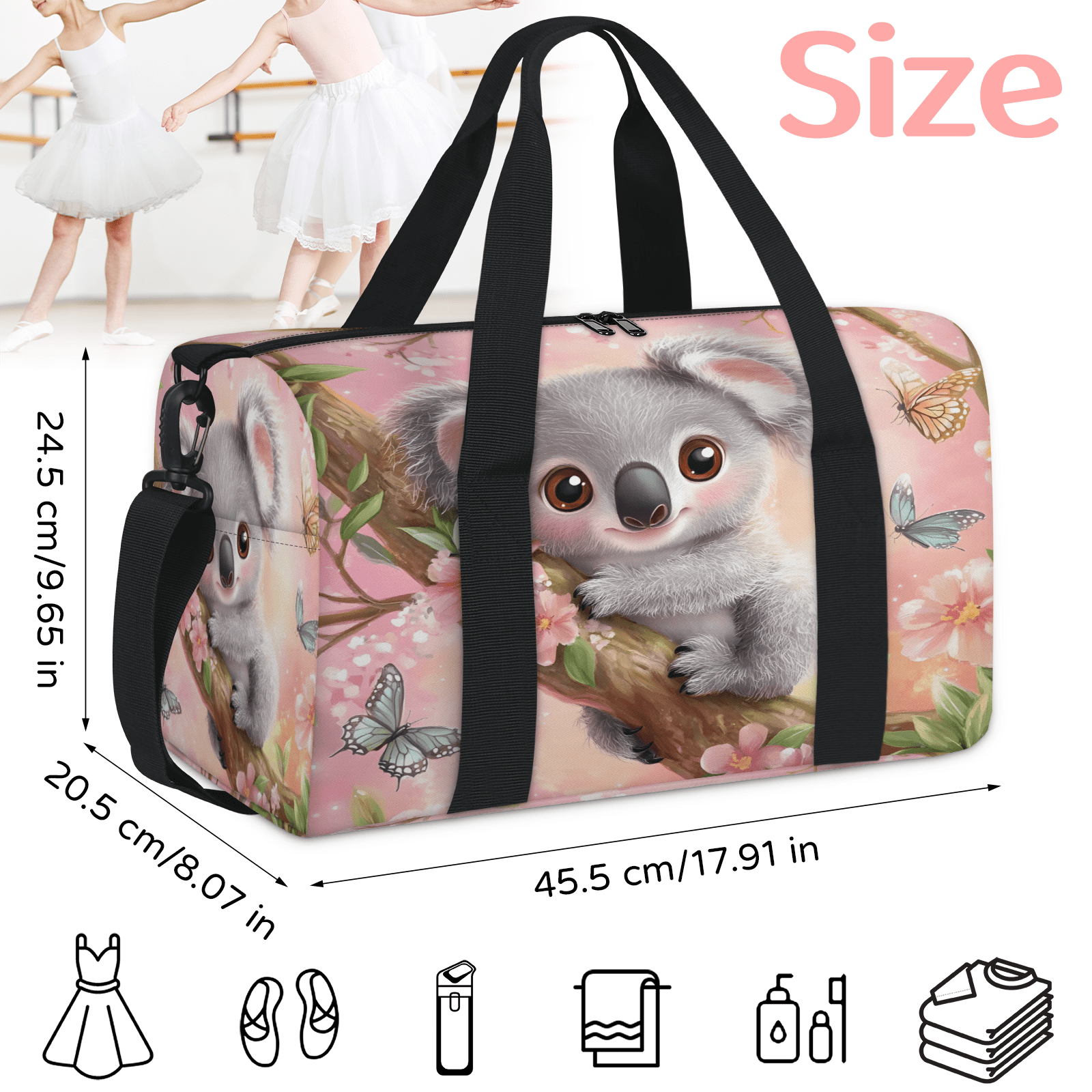Herdesigns Cute Koala Gym Bag for Women, Animals Duffle Bag for Travel Sport, Lightweight Waterproof Carry on Weekender Overnight Dance Yoga Workout Bags