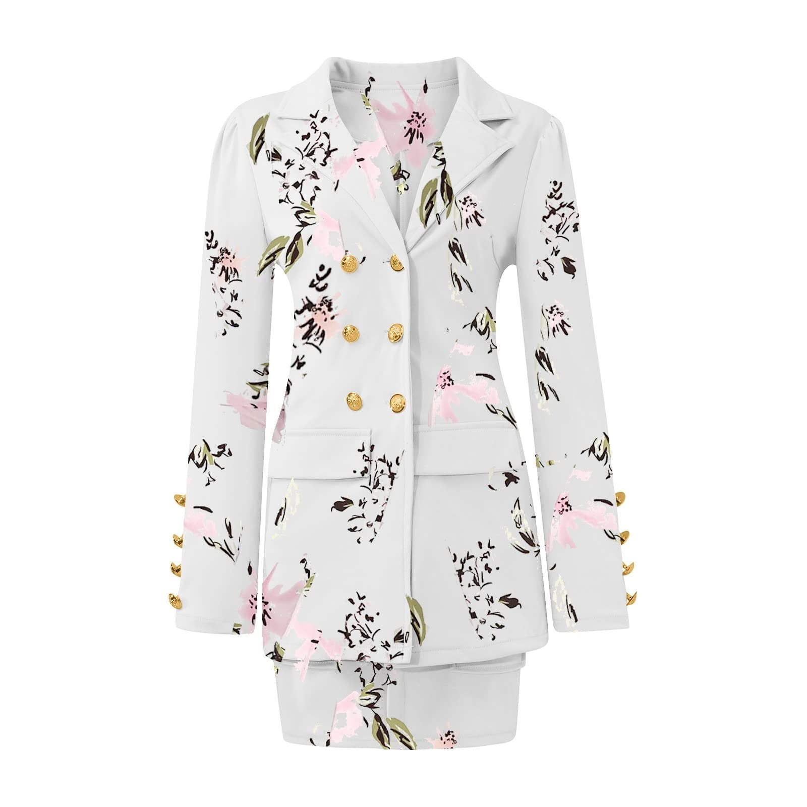 Niuer Women Floral Print Suit Sets Slim Fit Business 2 Piece Double  Breasted Blazer and Skirt With Pockets Casual Outfits White M 