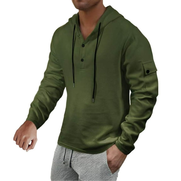 MELDVDIB Mens Thin Hoodies Fashion Casual Solid Color Slim Fit Hooded Sweatshirts Half-Button Long Sleeve Pullover Tops with Pocket Army Green L