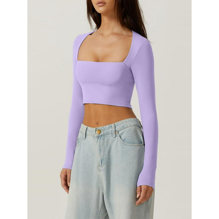 Women Solid Purple Square Neck Sleeveless Knitted Crop Top - Berrylush