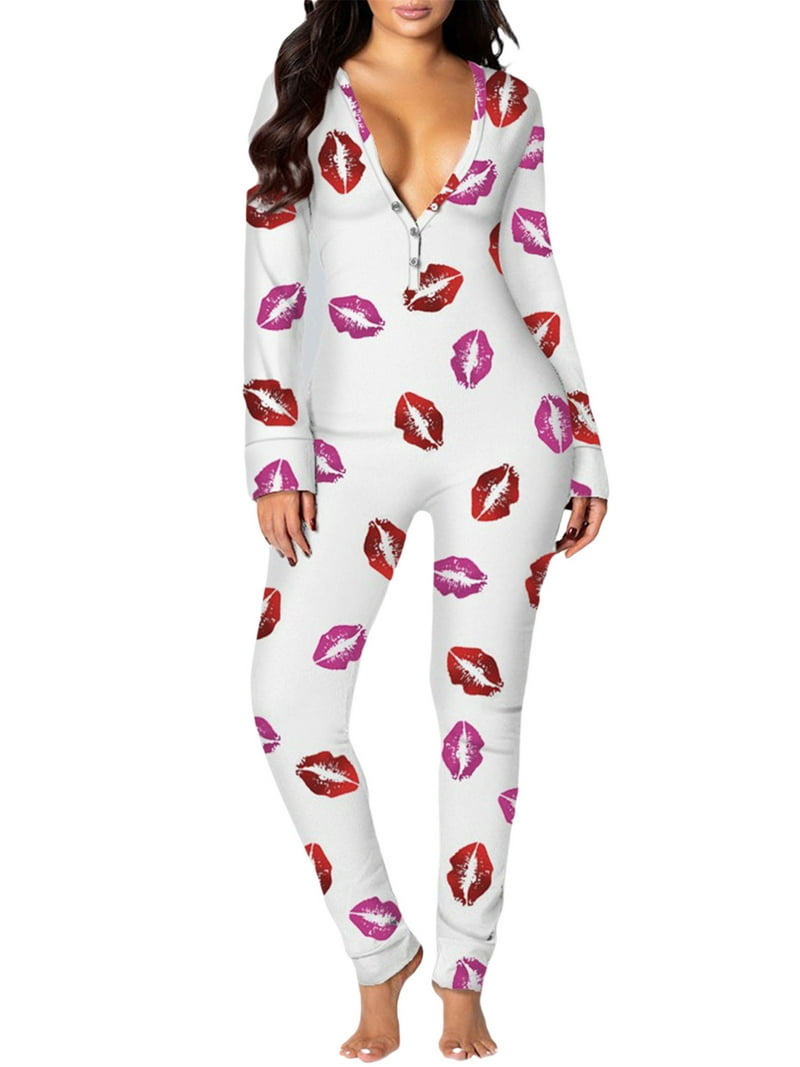 Aunavey Womens One Piece Pajamas Bodycon Jumpsuit Union Suit with Button  Back Butt Flap
