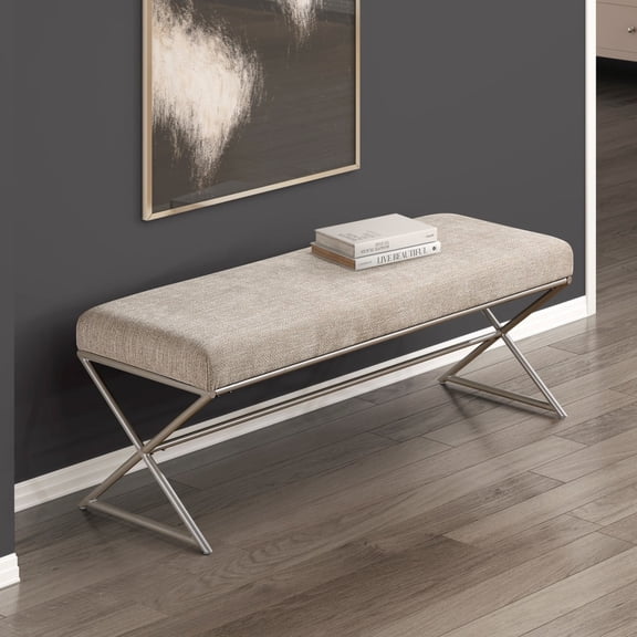 Newboti Furniture Contemporary Upholstered Bench Taupe Chenille Seat Plush Comfort Home Furniture 1pc Entryway Bench Metal Frame Champagne Finish BN.8309