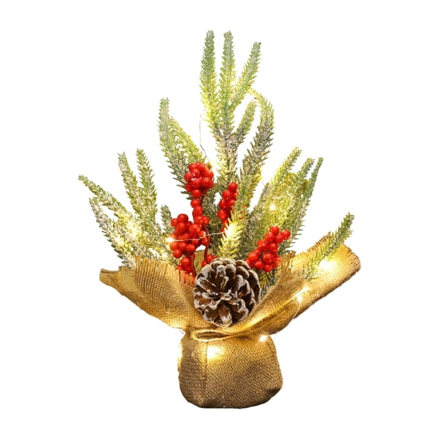 Arbre de Noël de Table 12 Po Mini Arbre de Noël Artificiel Lumineux avec Baies Rouges, Pommes de Pin et Base en Jute